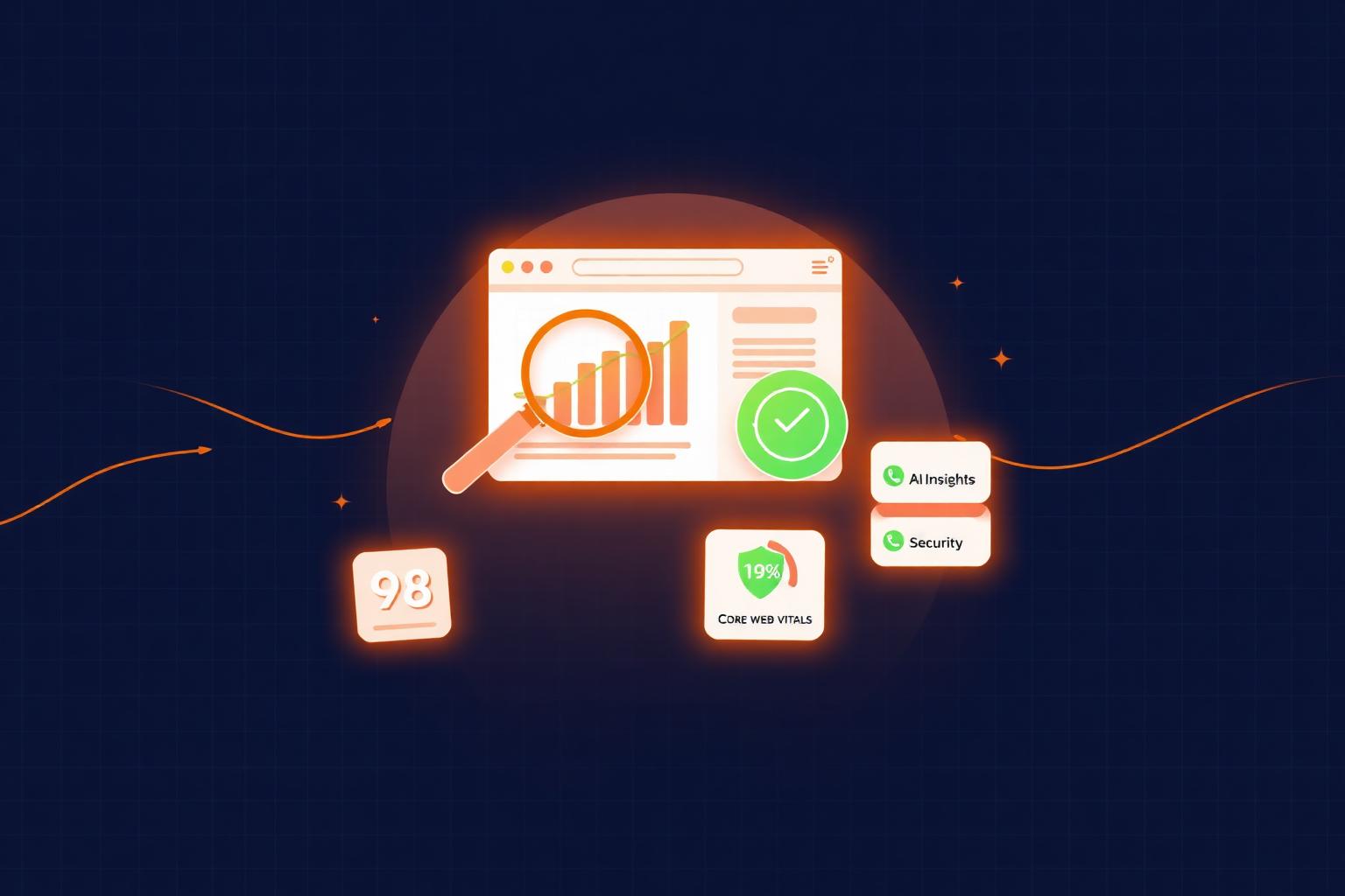 SEO audit dashboard preview showing Core Web Vitals, AI insights and security checks